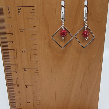 Silver diamond link earrings with red glitter beads