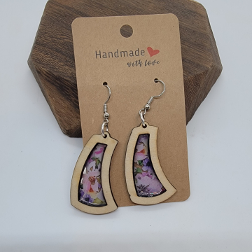 Curved lightweight wood earrings floral